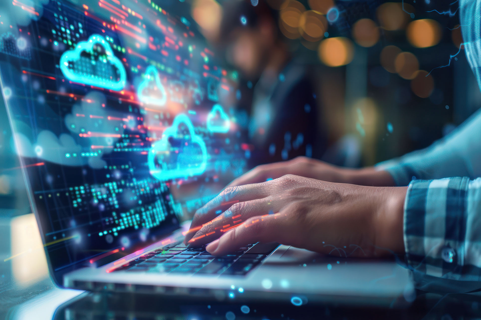 side-view-person-accessing-cloud-services-laptop-with-digital-clouds